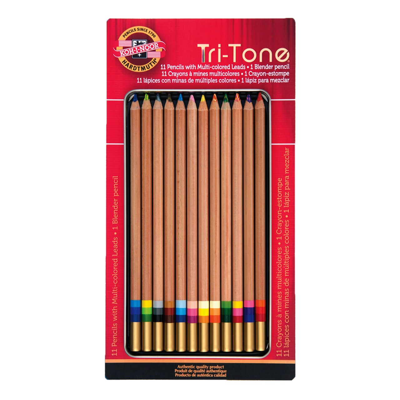 Tri-tone Pencil Set, 12 Piece, Assorted Colors in a Tin, Carded
